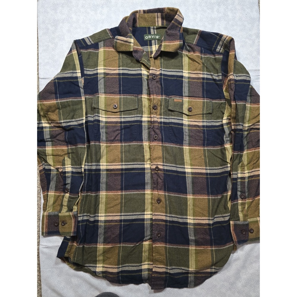 Orvis Flannel Shirt Men's Medium Green Blue Brown Plaid Cotton Long Sleeve